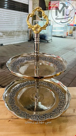 شیرینی خوری مسی کروم 2 طبقه گلبرگ